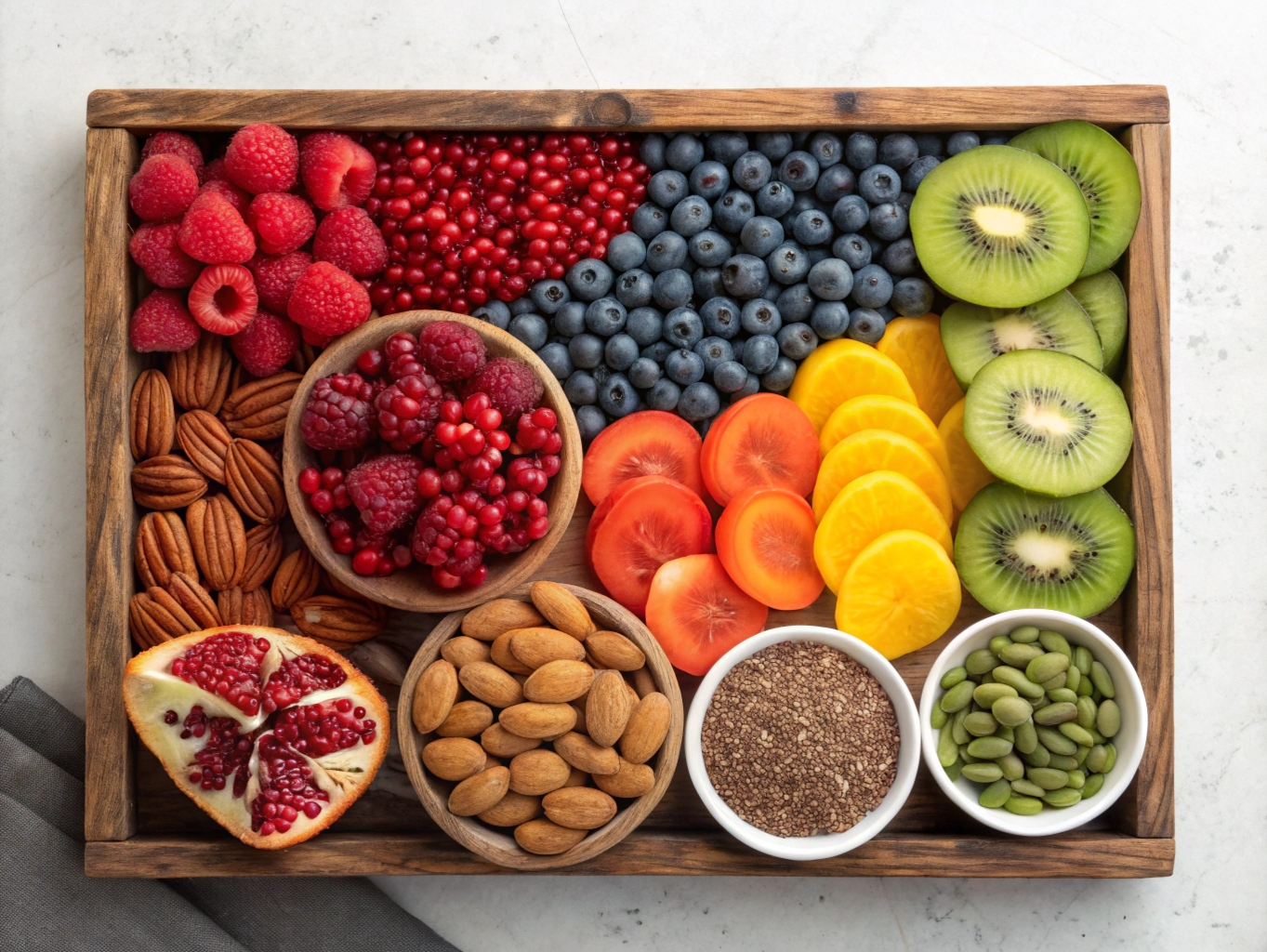En samling färgglada superfoods arrangerade på en träbricka