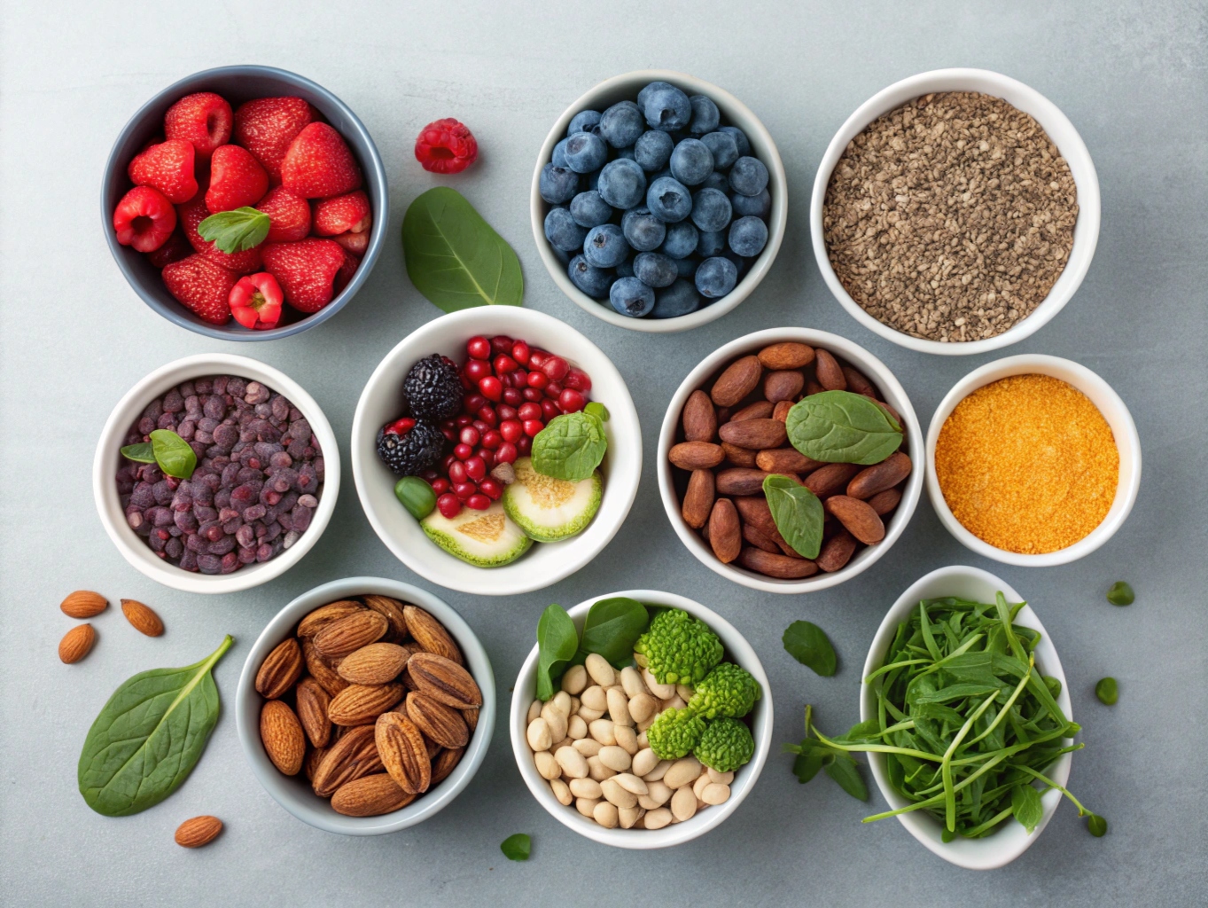 Olika färgglada organiska superfoods i små skålar