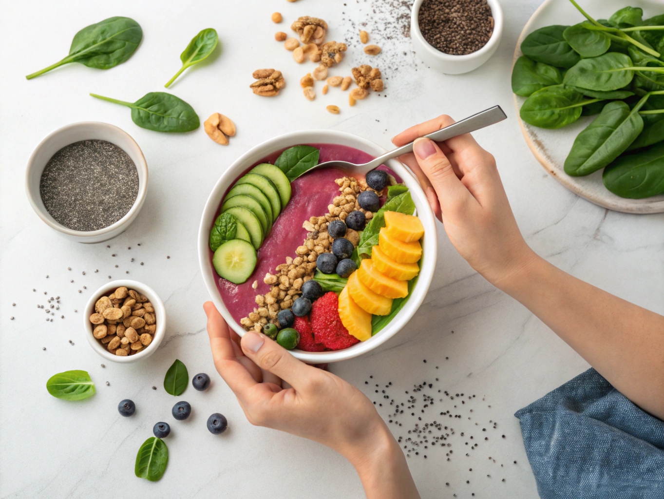 Person som förbereder en smoothie bowl med superfoods