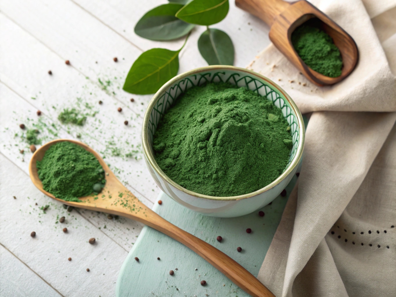 Pulver av grönt spirulina